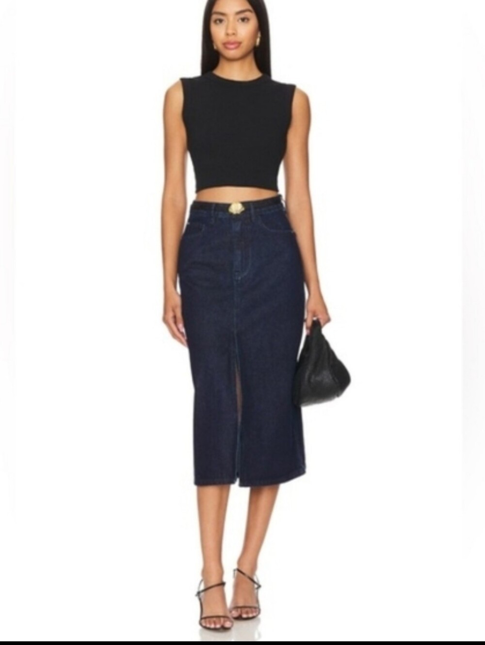 WeWoreWhat Denim Midi Skirt With Front Split, Cotton, Dark Blue Wash